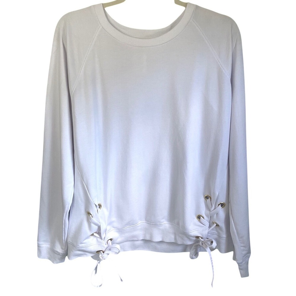 Michael Kors White Lace‎ Up Side Crewneck Sweatshirt Pullover Top Gold Details L